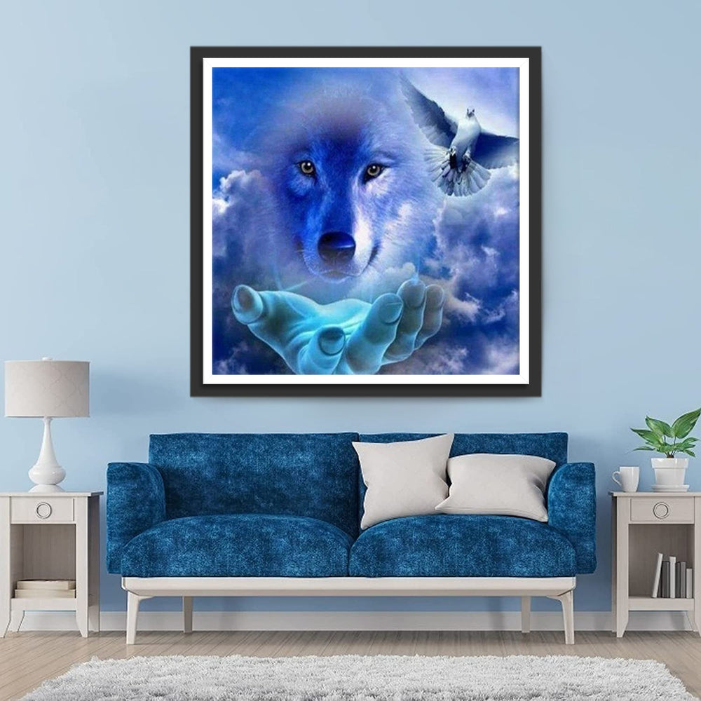 Wolf, Hand en Vogel Diamond Painting