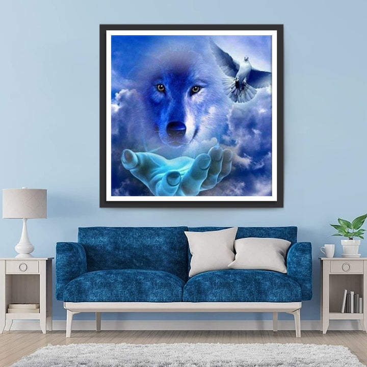 Wolf, Hand en Vogel Diamond Painting