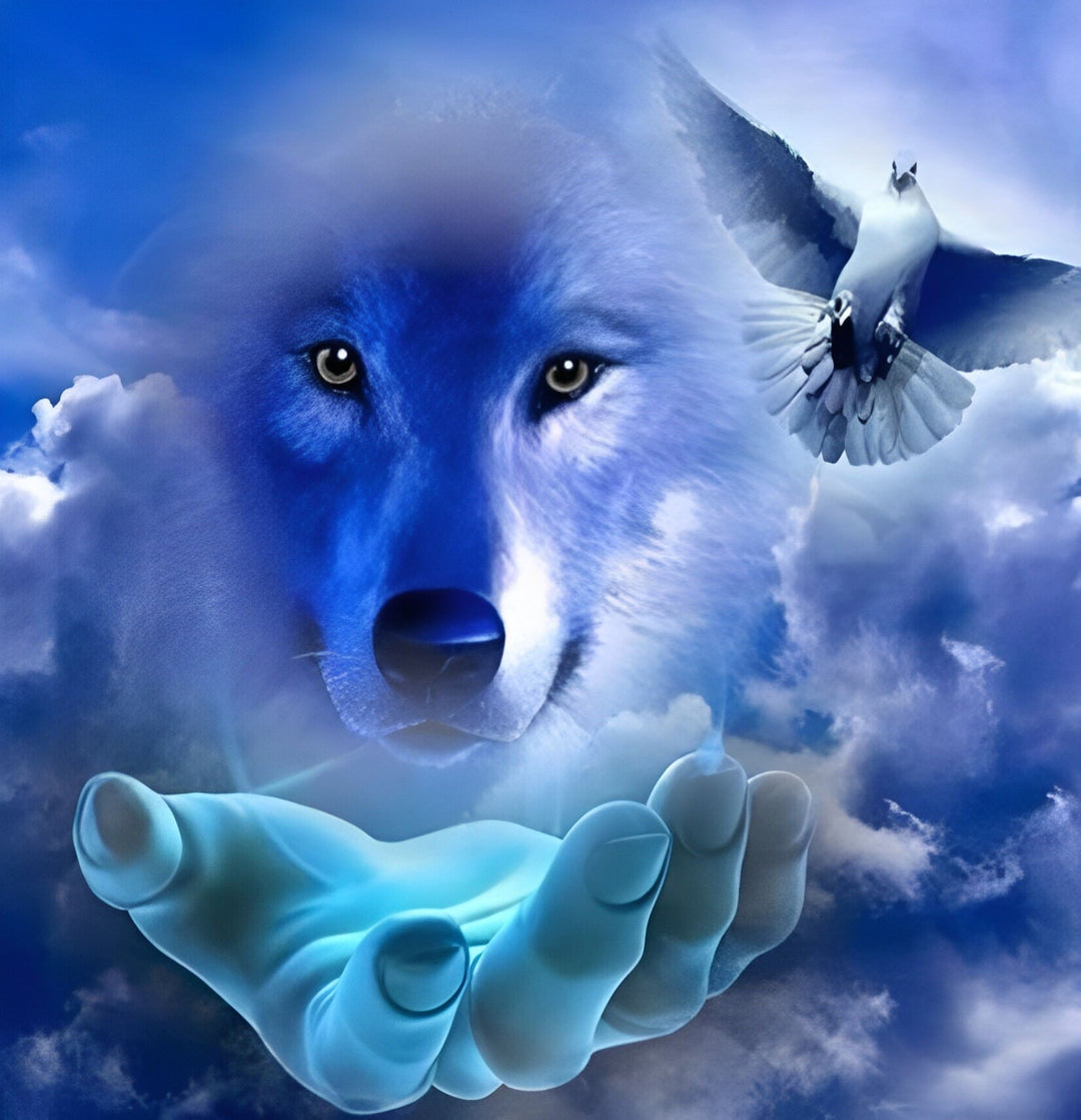 Wolf, Hand en Vogel Diamond Painting