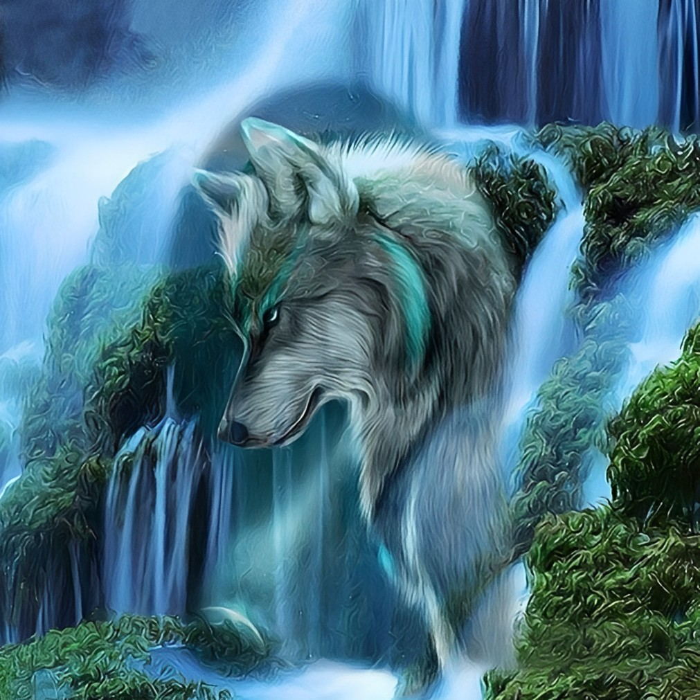 Wolf in de Betoverende Waterval Diamond Painting