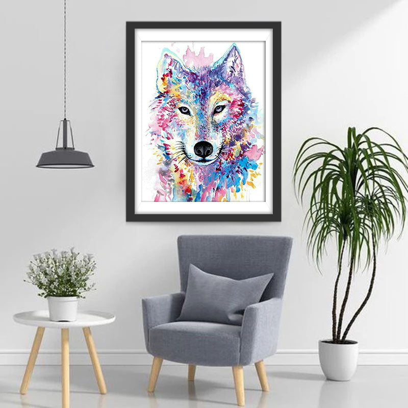 Wolf met Gekleurde Pigmenten op een Witte Achtergrond Diamond Painting