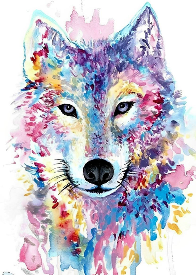 Wolf met Gekleurde Pigmenten op een Witte Achtergrond Diamond Painting