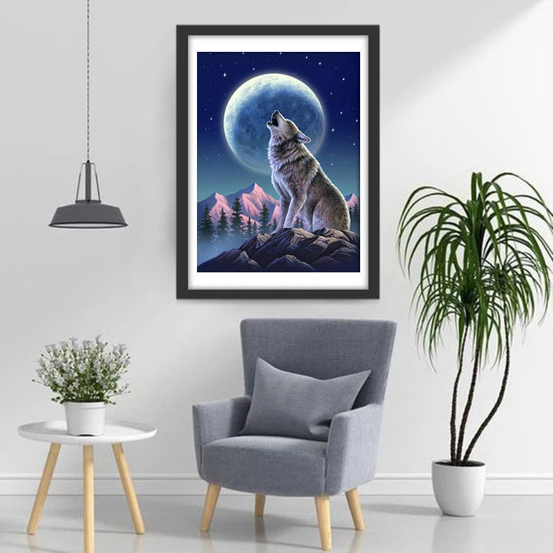 Wolf op de Bergtop Huilt naar de Volle Maan Diamond Painting