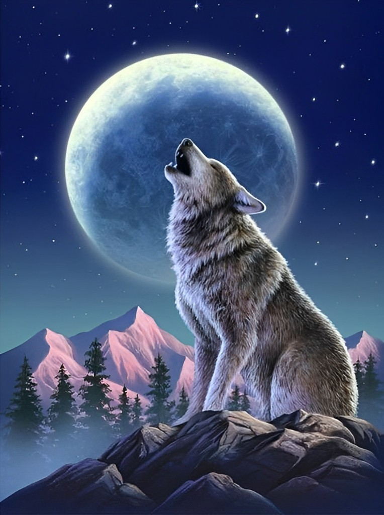 Wolf op de Bergtop Huilt naar de Volle Maan Diamond Painting