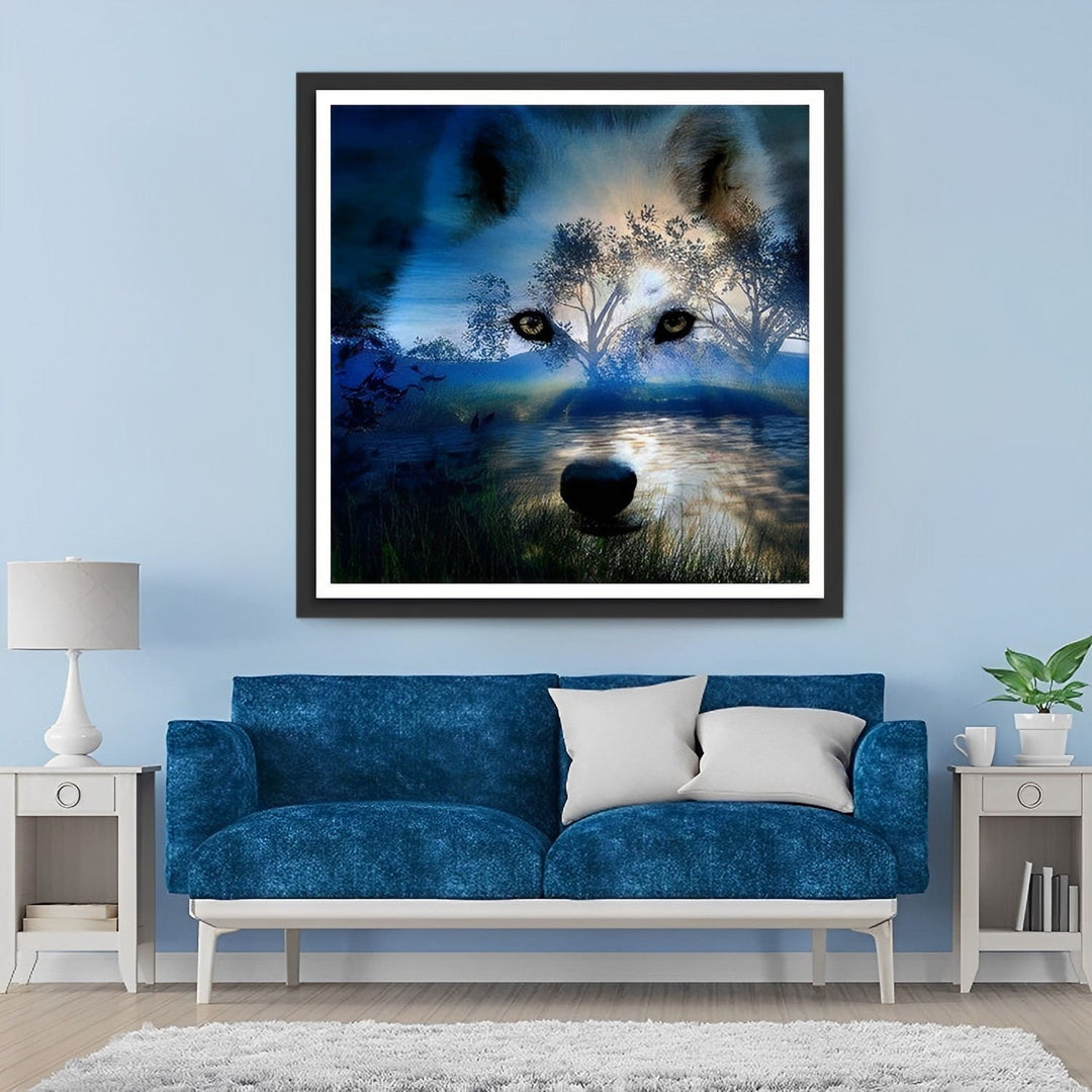 Wolfskop, Bomen en Rivier Diamond Painting
