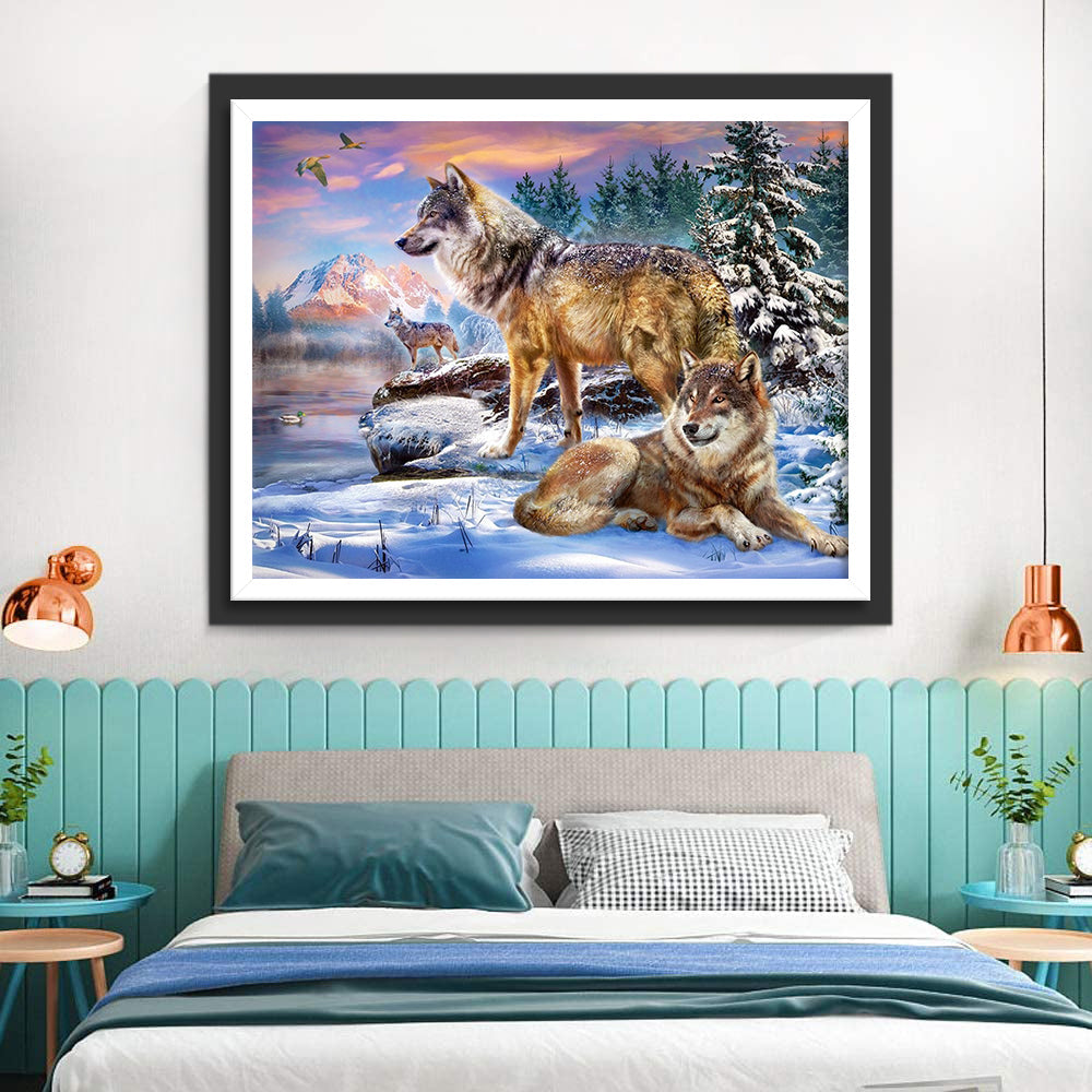 Wolven bij de Rivier op een Besneeuwde Dag Diamond Painting