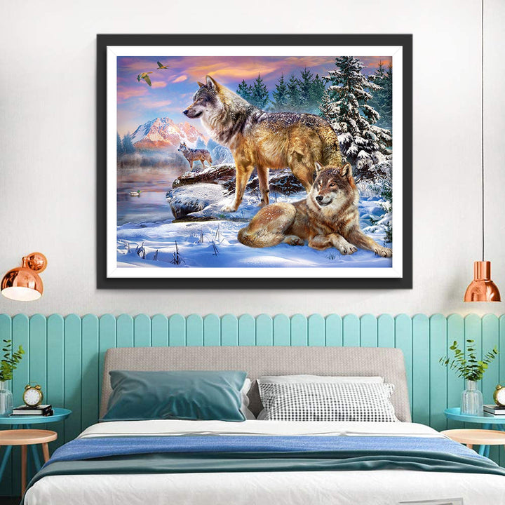 Wolven bij de Rivier op een Besneeuwde Dag Diamond Painting