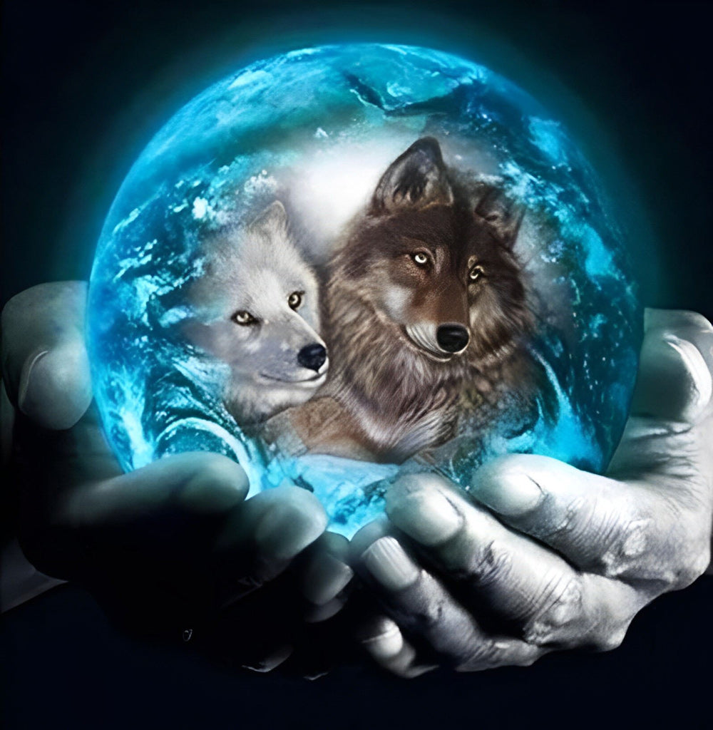 Wolven in een Glazen Bol in de Hand Diamond Painting