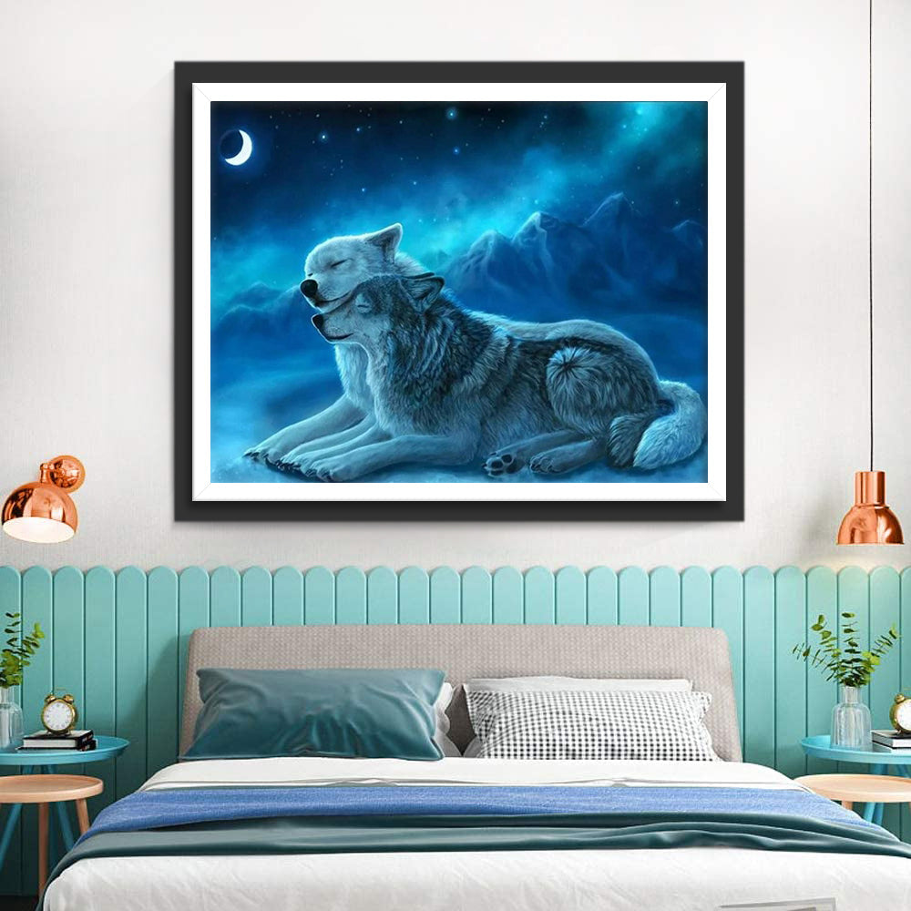 Wolven Knuffelen in het Maanlicht Diamond Painting