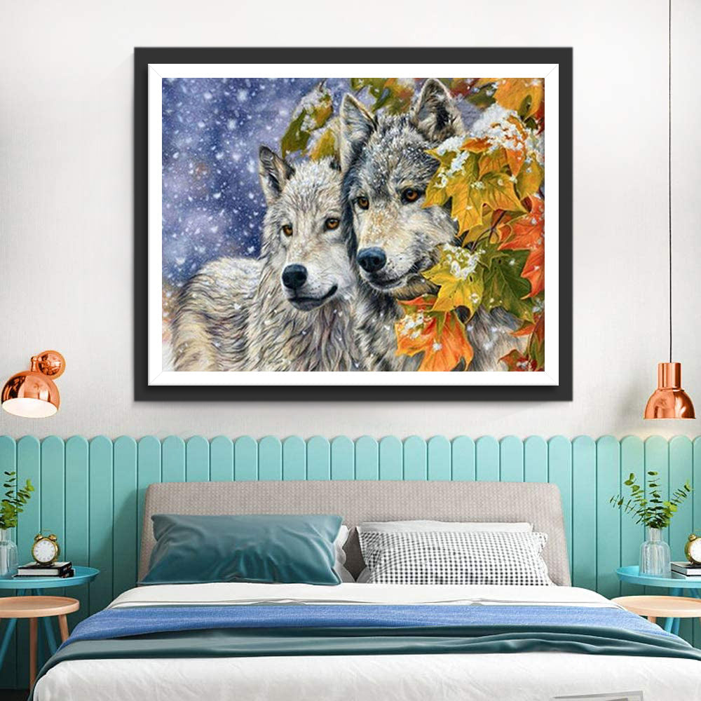 Wolven Knuffelen Samen in een Boom op een Besneeuwde Dag Diamond Painting