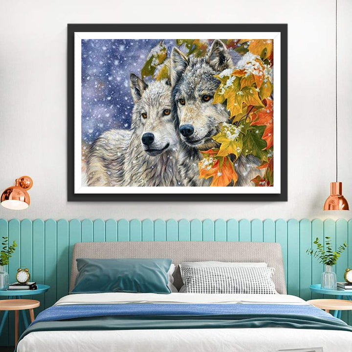 Wolven Knuffelen Samen in een Boom op een Besneeuwde Dag Diamond Painting