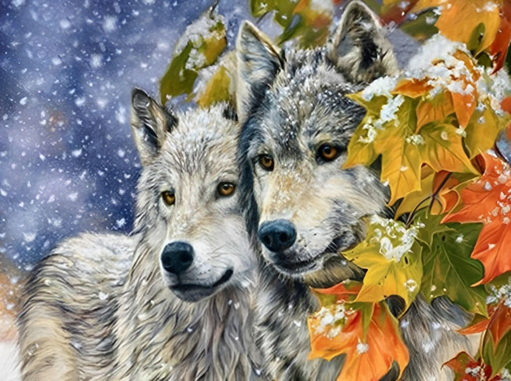 Wolven Knuffelen Samen in een Boom op een Besneeuwde Dag Diamond Painting