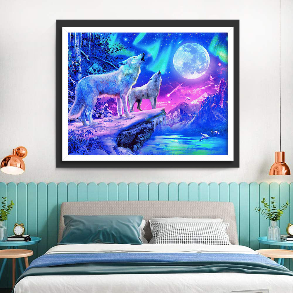 Wolven onder het Noorderlicht en de Volle Maan Diamond Painting