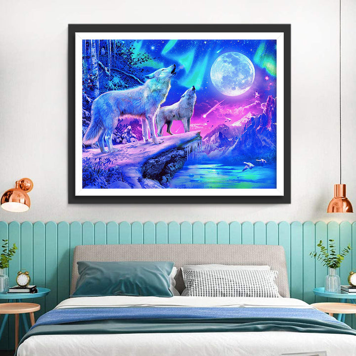 Wolven onder het Noorderlicht en de Volle Maan Diamond Painting