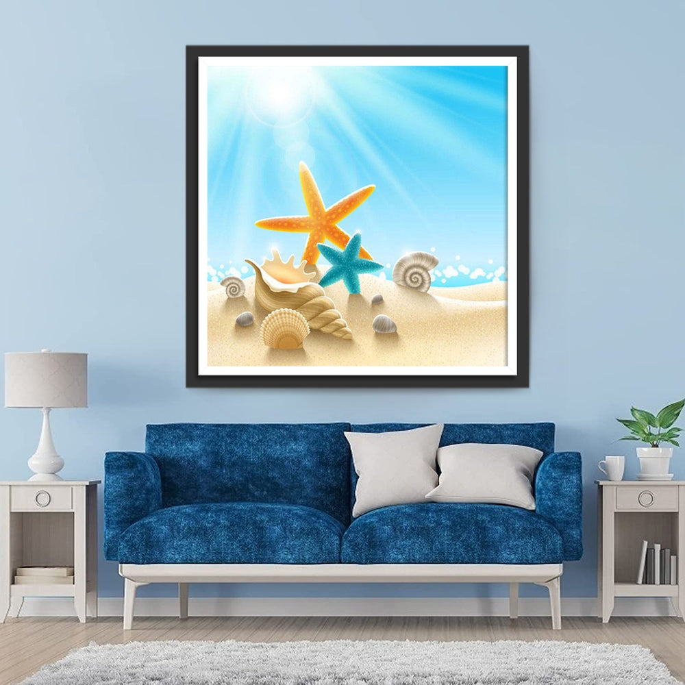 Zeesterren en Schelpen in het Zonlicht op het Strand Diamond Painting
