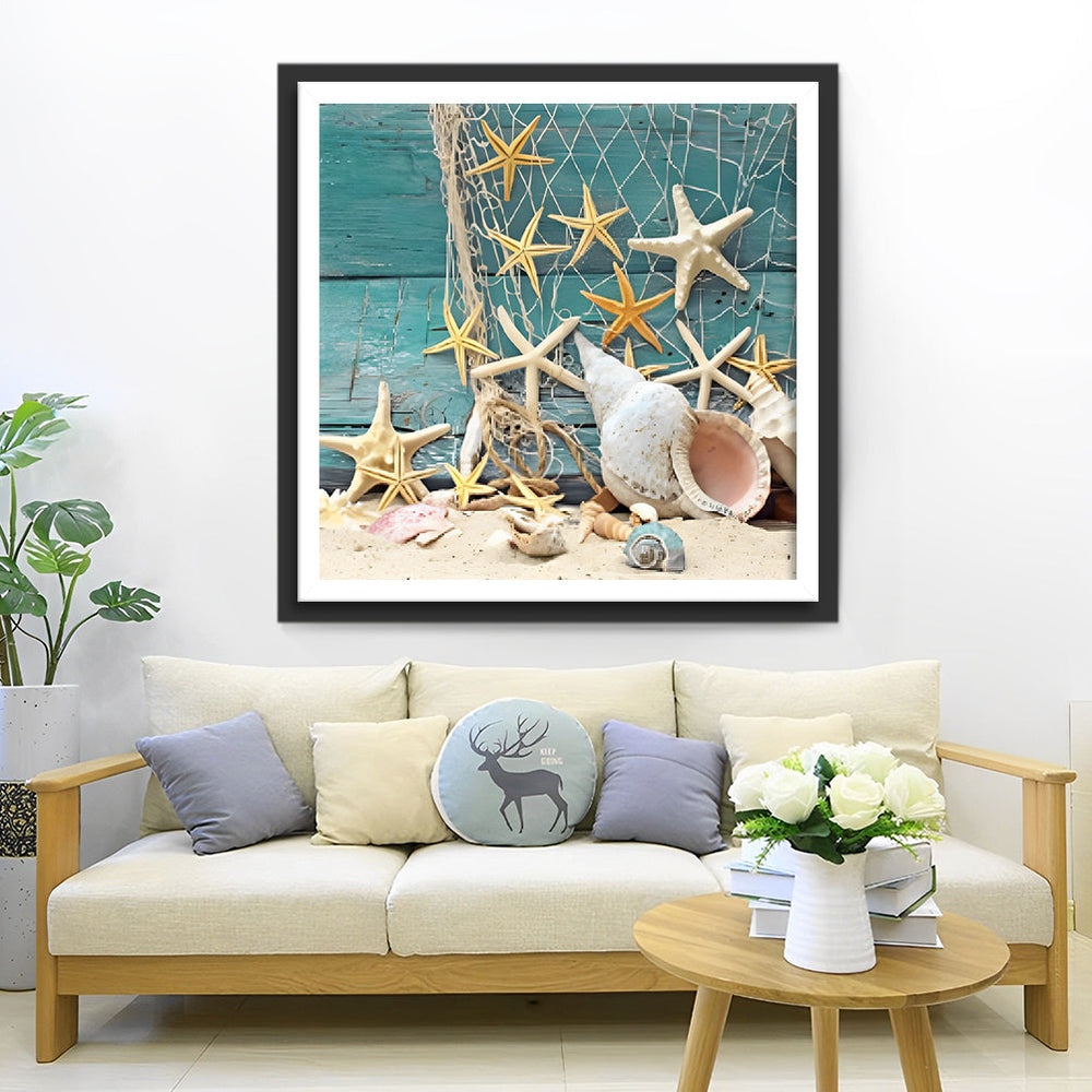 Zeesterren en Schelpen op het Zandstrand en in de Visnetten Diamond Painting