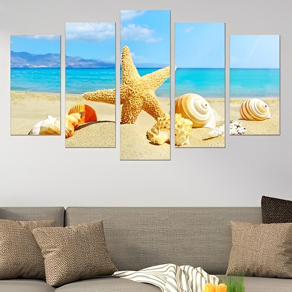 Zeesterren en Schelpen tegen Blauwe Zee - Achtergrond 5 Platen Diamond Painting