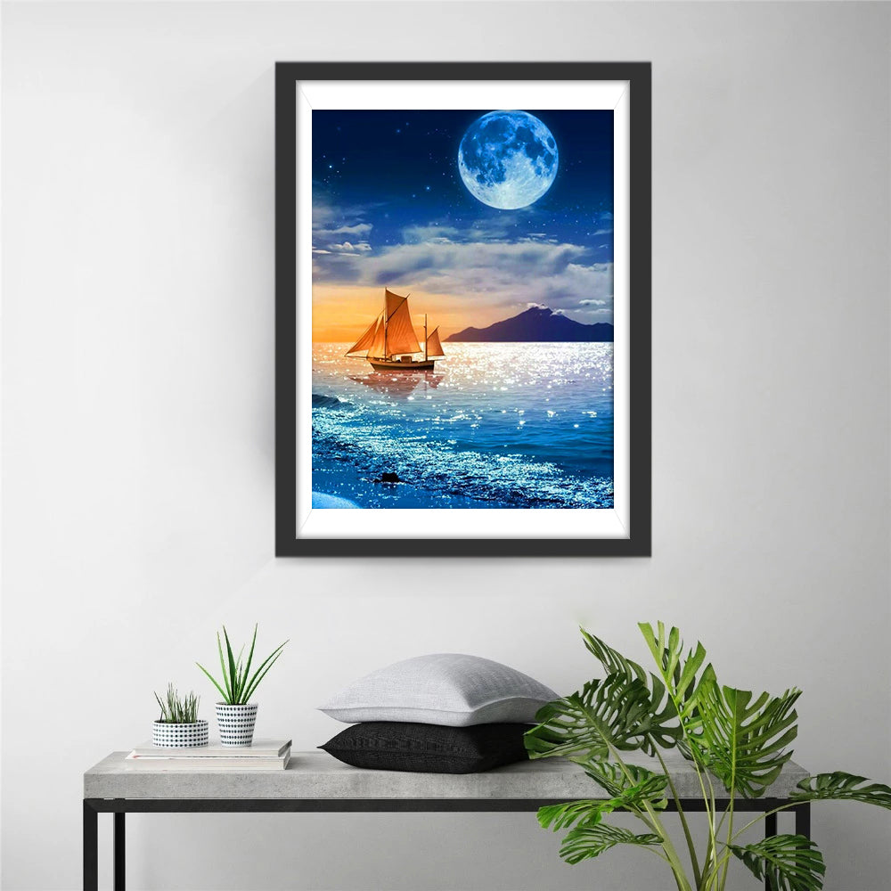 Zeilboot op Zee bij Volle Maan Diamond Painting