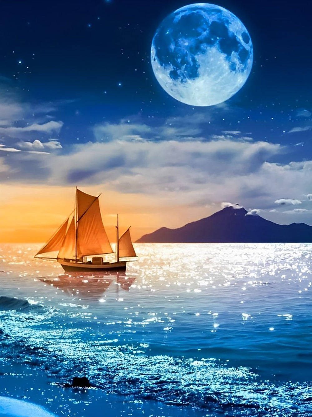 Zeilboot op Zee bij Volle Maan Diamond Painting