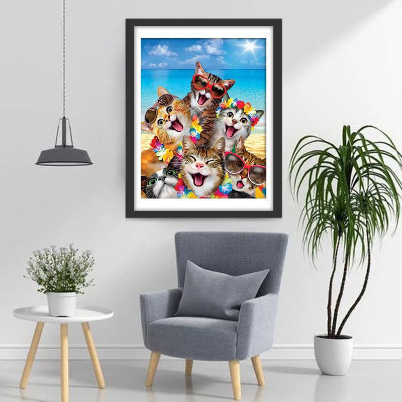 Zes Gelukkige Katten op het Strand Diamond Painting