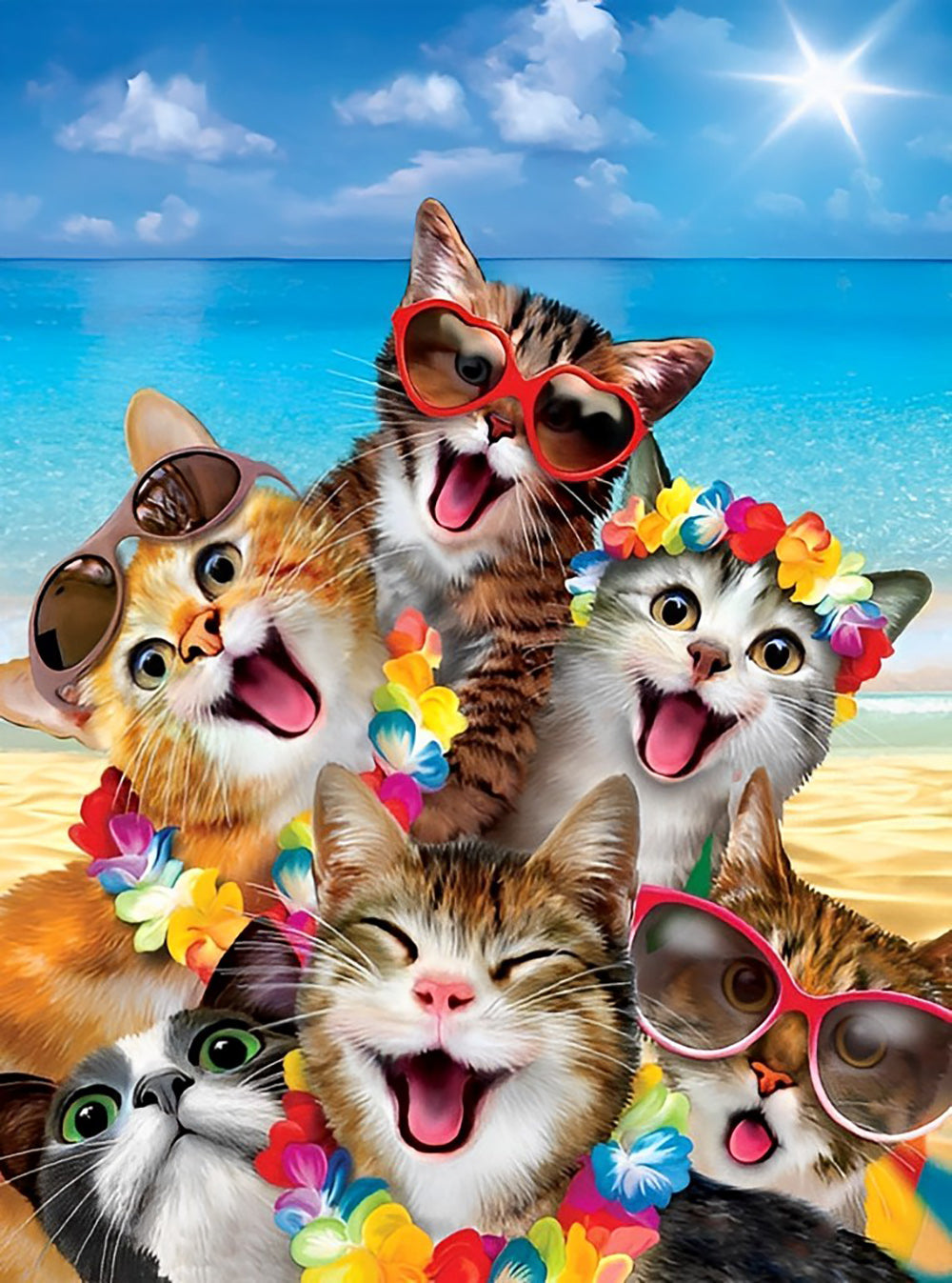 Zes Gelukkige Katten op het Strand Diamond Painting