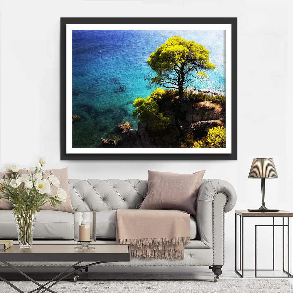 Zicht op Boom op Klippen aan de Mooie Zee Diamond Painting
