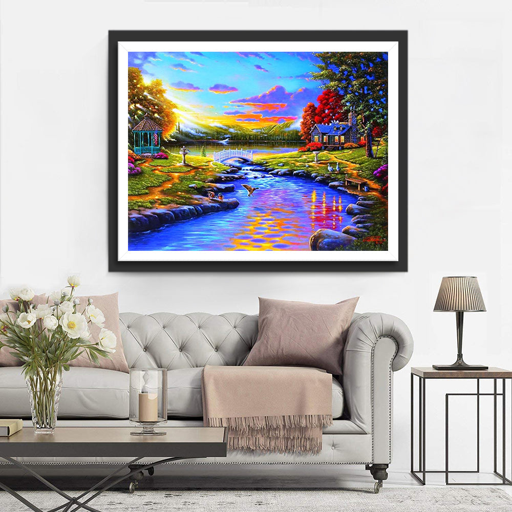 Zielverwarmend Plattelandsbeeld bij Zonsondergang Diamond Painting