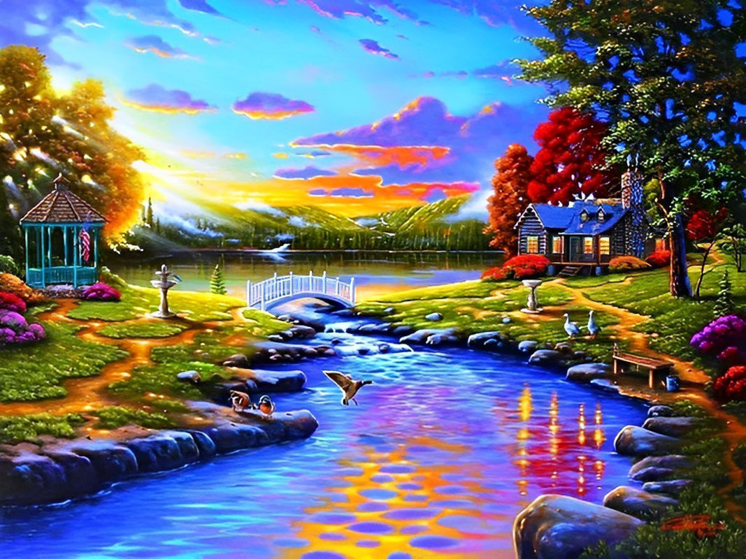 Zielverwarmend Plattelandsbeeld bij Zonsondergang Diamond Painting