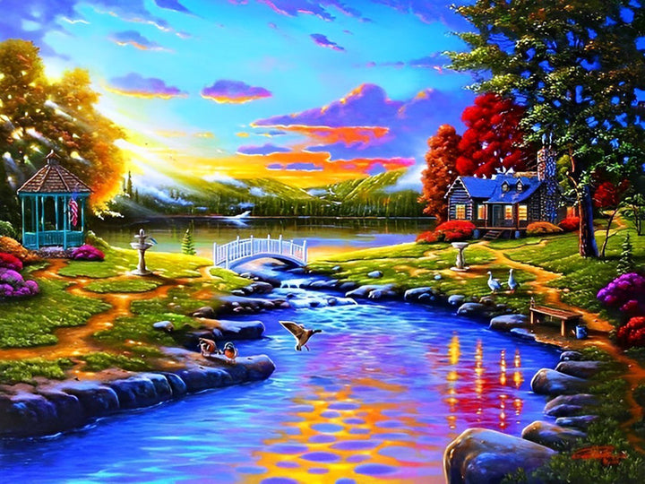 Zielverwarmend Plattelandsbeeld bij Zonsondergang Diamond Painting