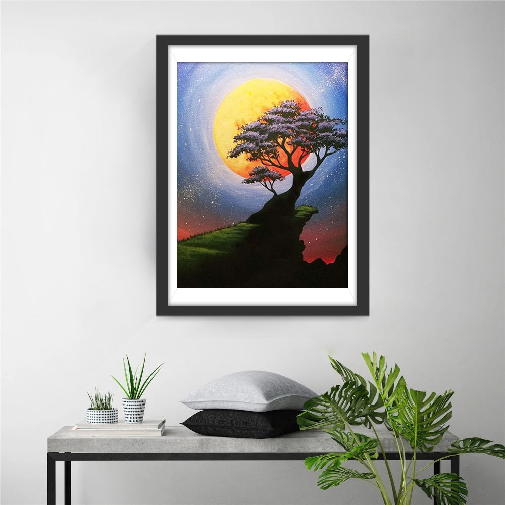 Zilhouet van Boom bij de Verlichte Zon Diamond Painting