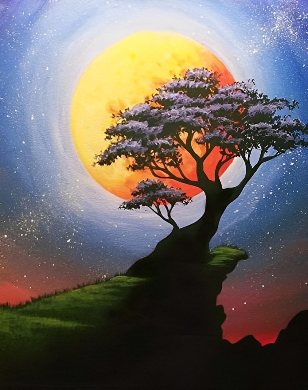 Zilhouet van Boom bij de Verlichte Zon Diamond Painting