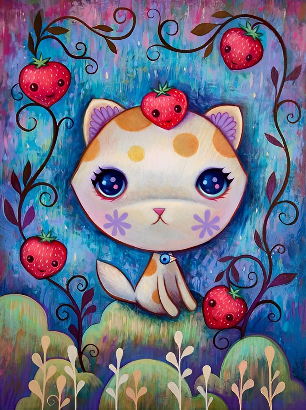 Zoete Aardbeien en Kat Diamond Painting