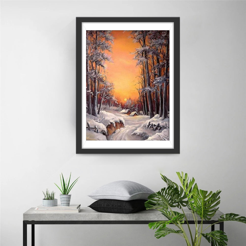 Zon Ondergaand in het Sneeuwlandschap Diamond Painting