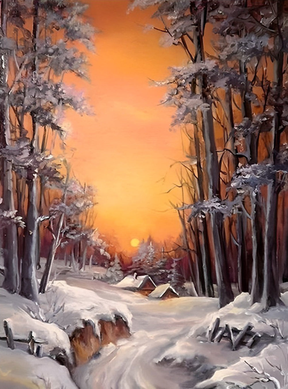 Zon Ondergaand in het Sneeuwlandschap Diamond Painting