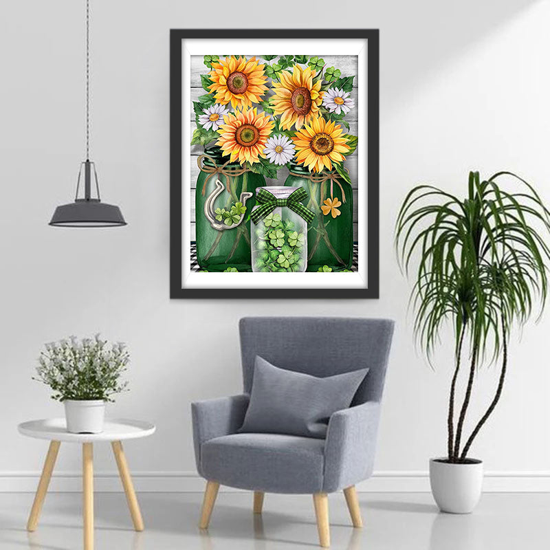 Zonnebloemen, Chrysanten en Klavertjes in Glazen Flessen Diamond Painting