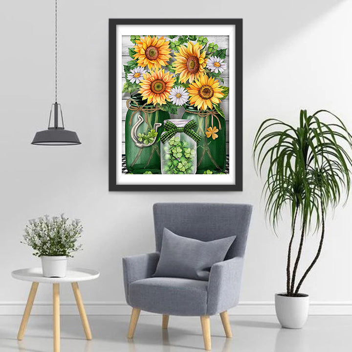 Zonnebloemen, Chrysanten en Klavertjes in Glazen Flessen Diamond Painting