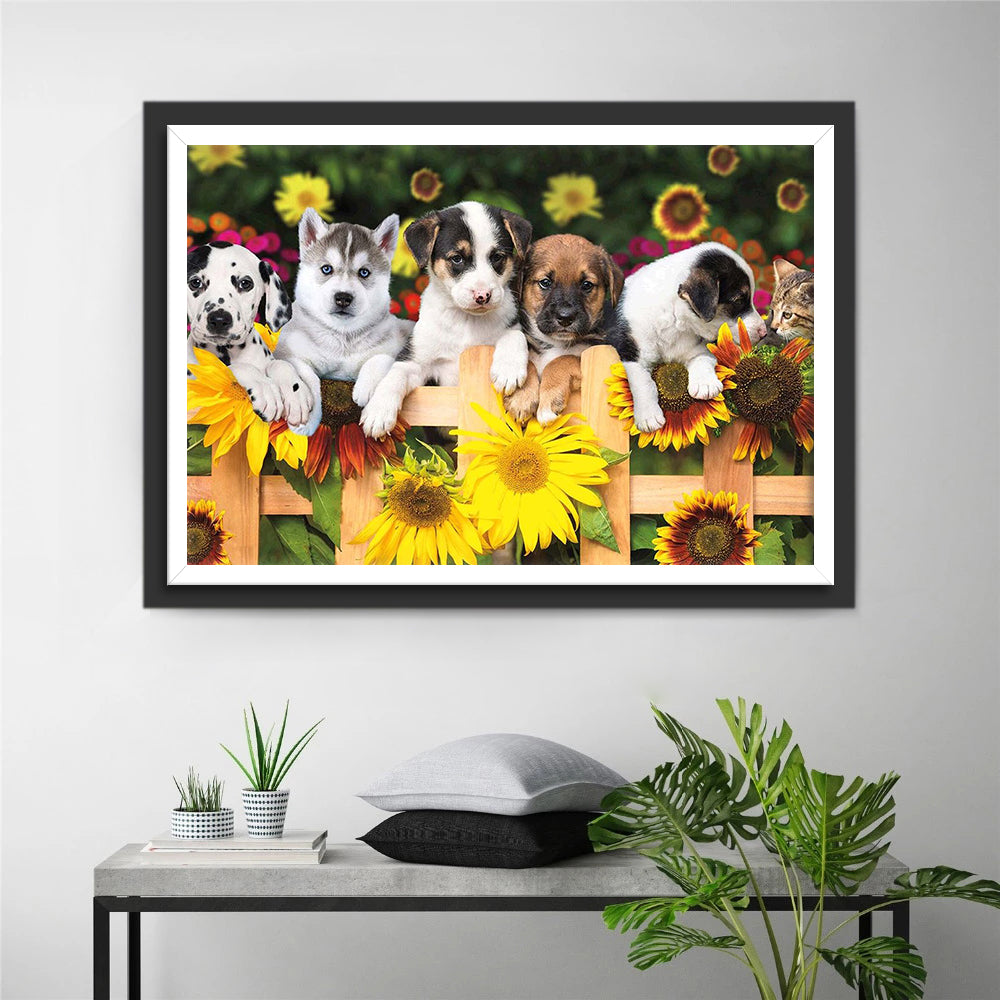 Zonnebloemen en Honden bij het Hek Diamond Painting