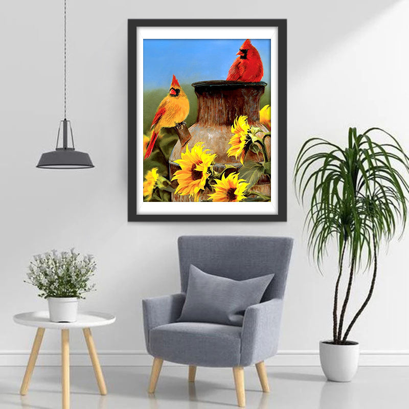 Zonnebloemen en Kardinalen Diamond Painting
