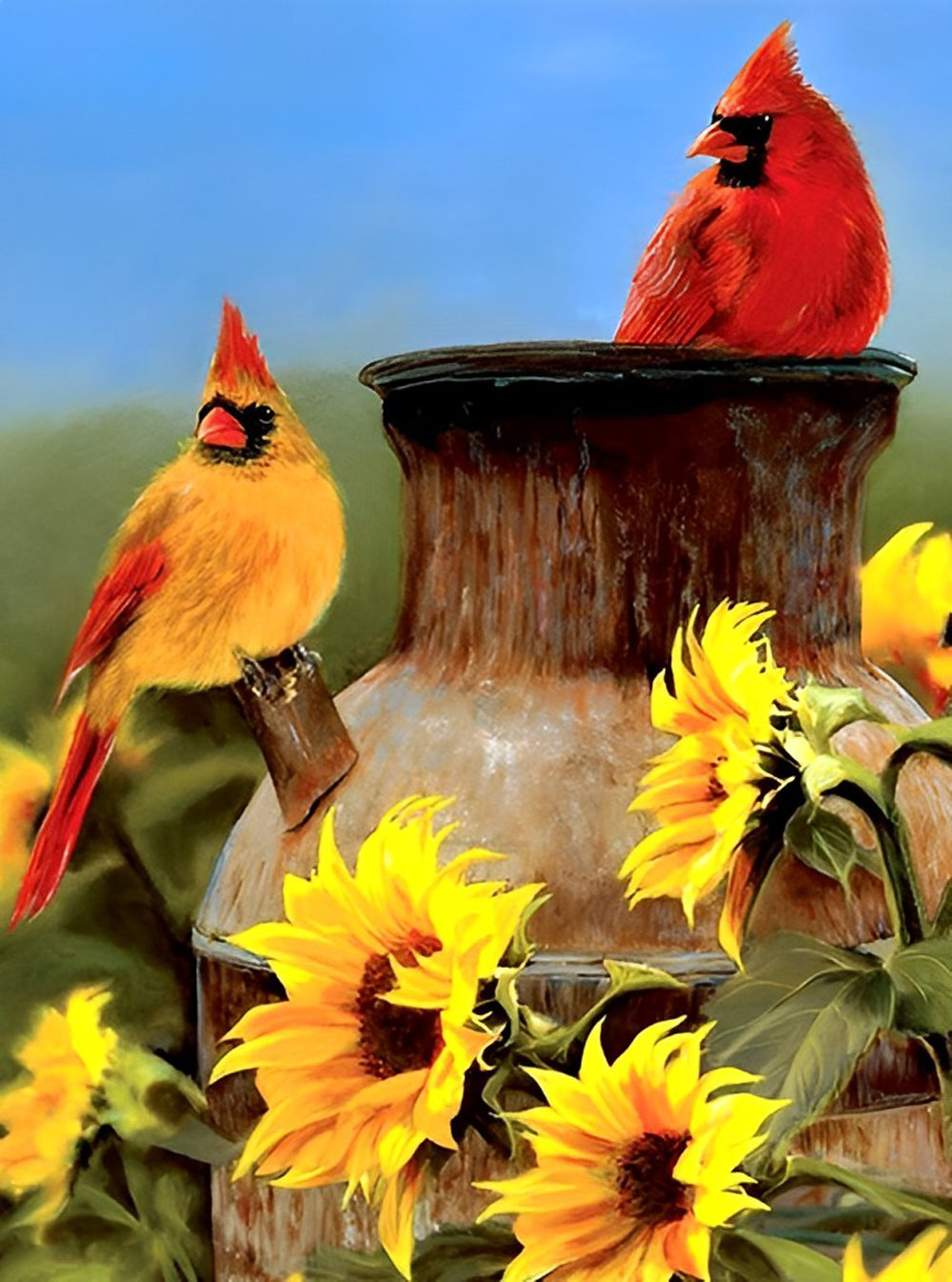 Zonnebloemen en Kardinalen Diamond Painting