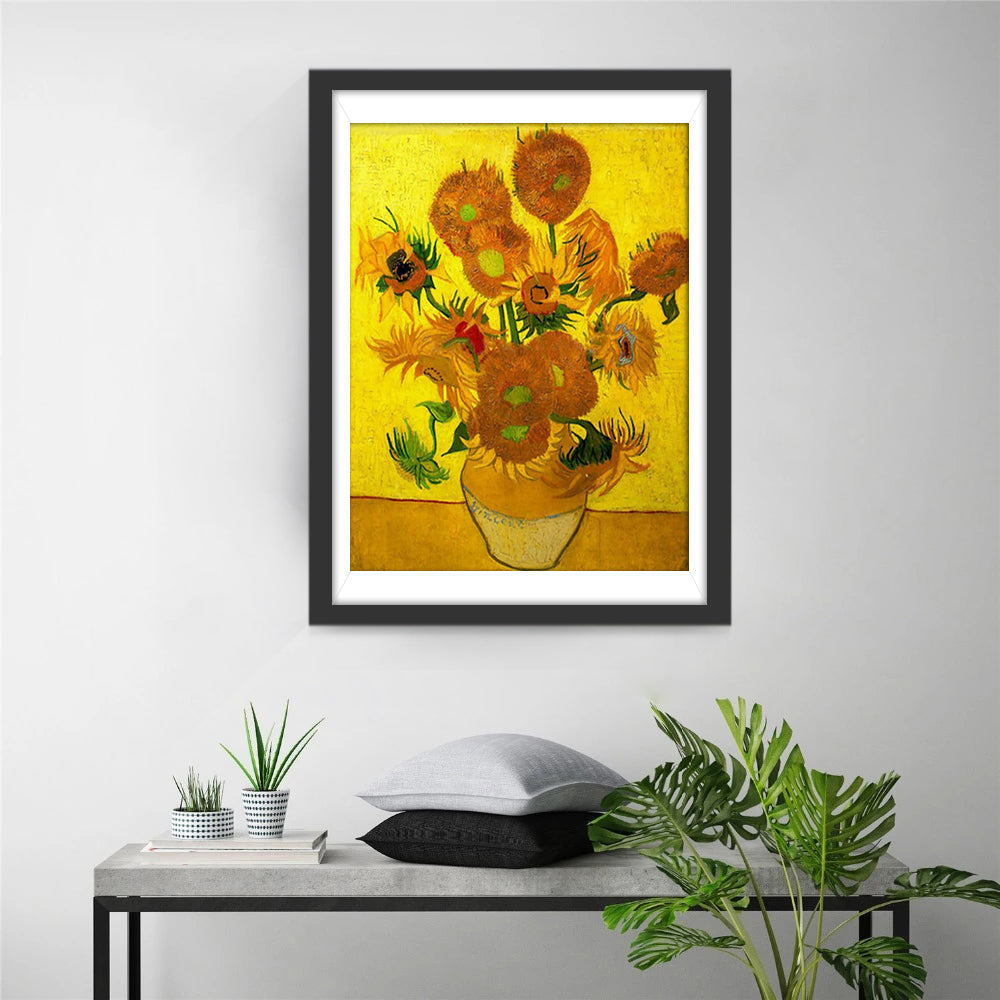 Zonnebloemen in de Vaas tegen Geel Achtergrond Diamond Painting