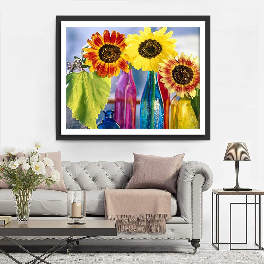 Zonnebloemen in Kleurrijke Glazen Flessen Diamond Painting