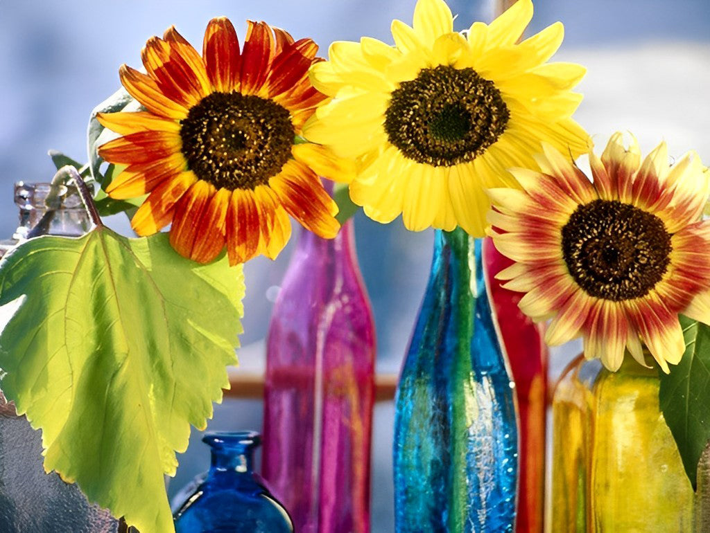 Zonnebloemen in Kleurrijke Glazen Flessen Diamond Painting