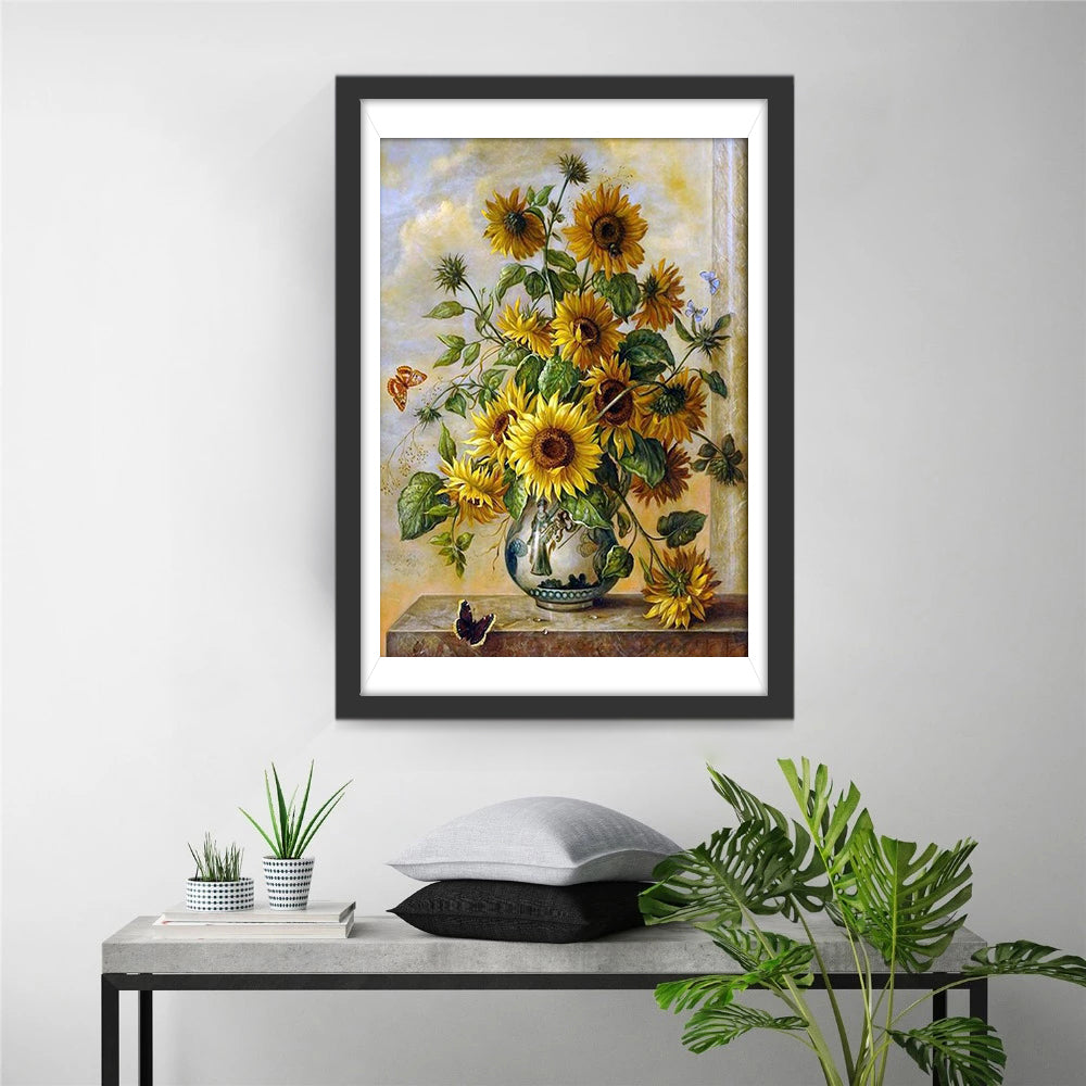 Zonnebloemen in Vaas met Vlinders Diamond Painting