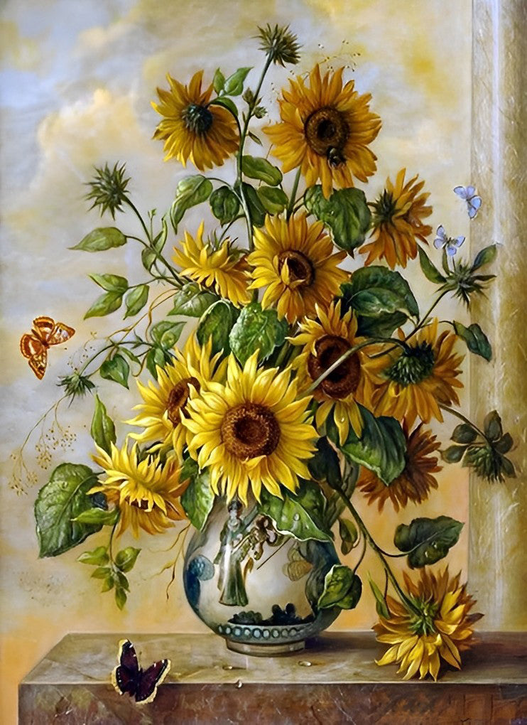 Zonnebloemen in Vaas met Vlinders Diamond Painting