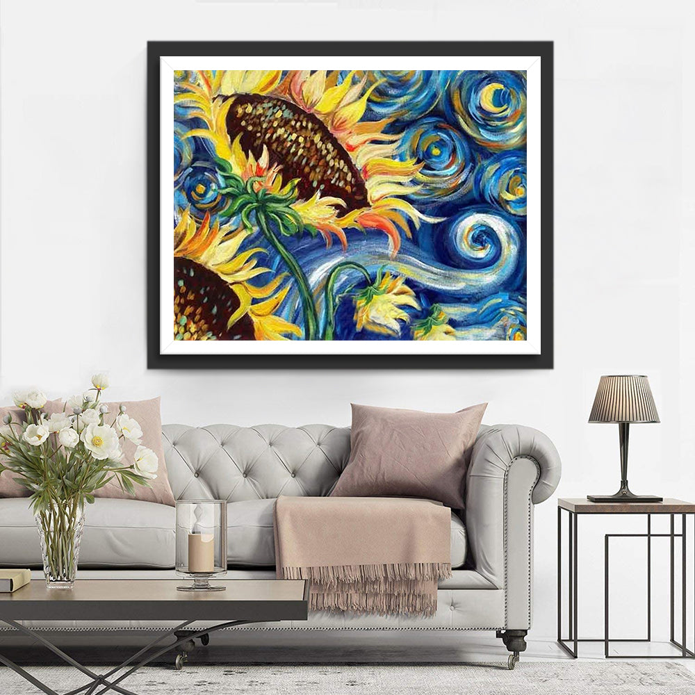Zonnebloemen Vermengd met Sterrennachtachtige Golven Diamond Painting