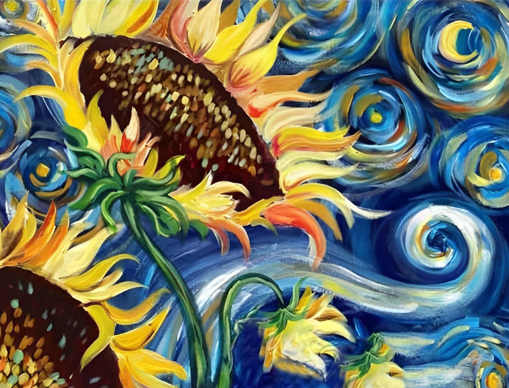Zonnebloemen Vermengd met Sterrennachtachtige Golven Diamond Painting