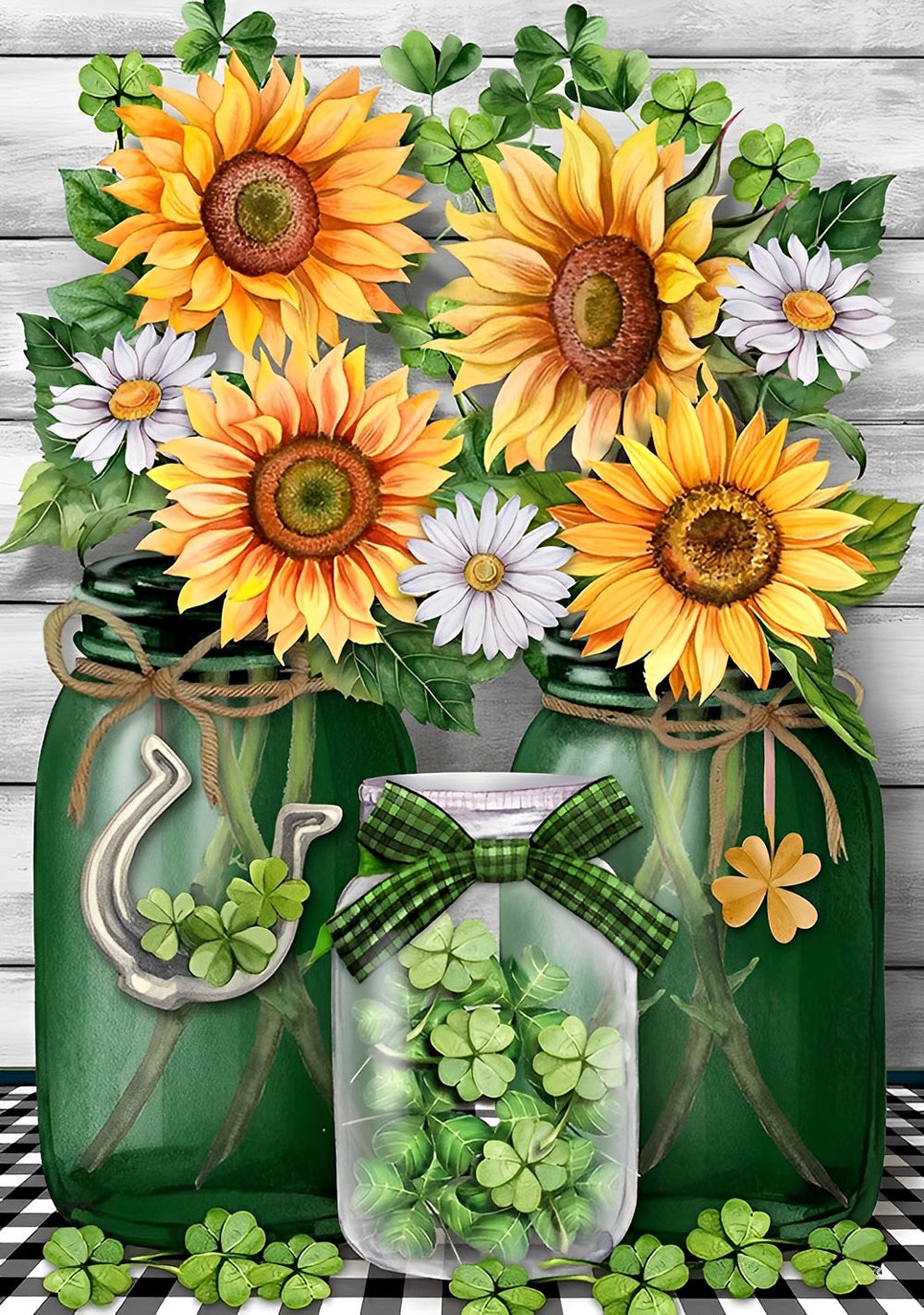 Zonnebloemen, Chrysanten en Klavertjes in Glazen Flessen Diamond Painting