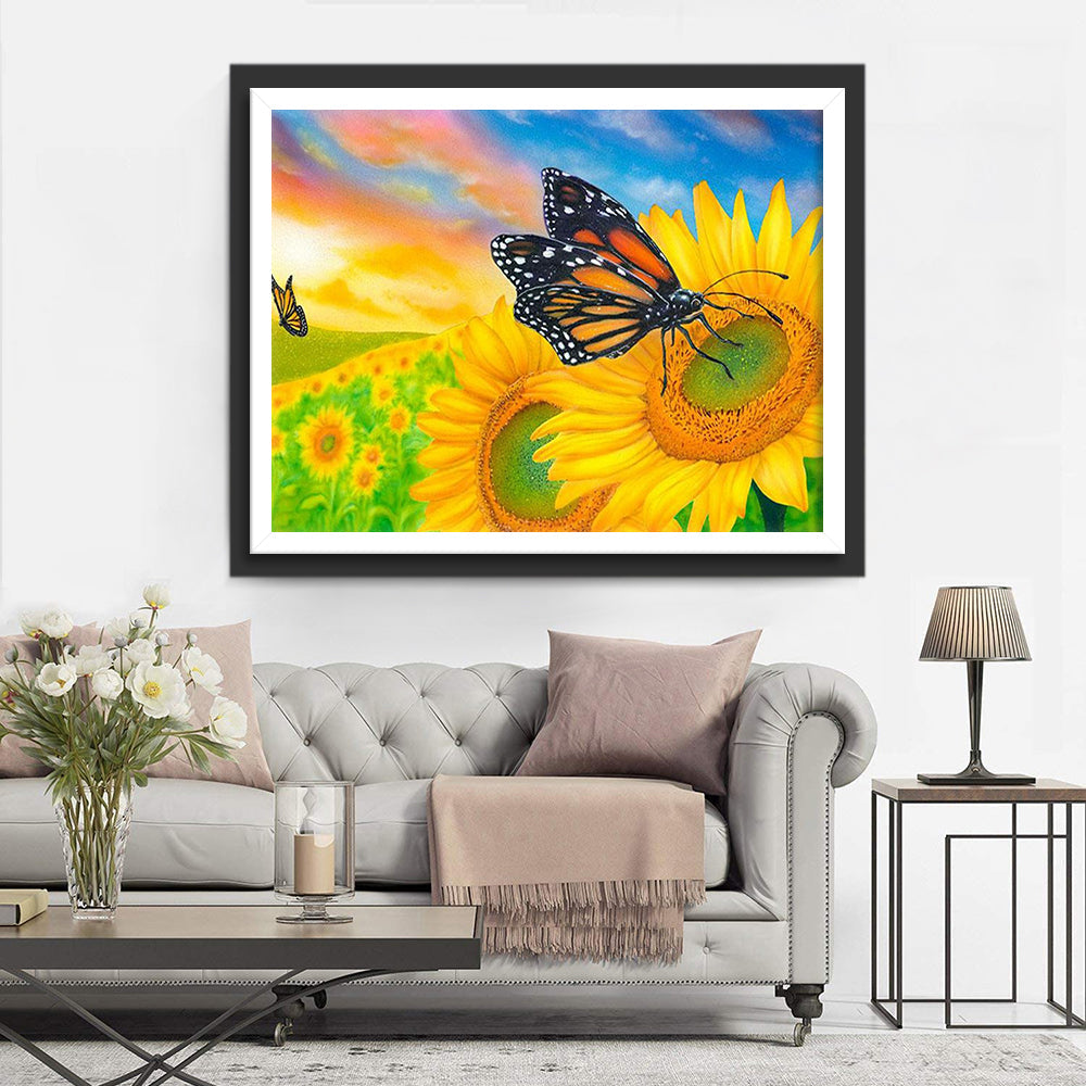 Zonnebloemenveld en Vlinders Diamond Painting