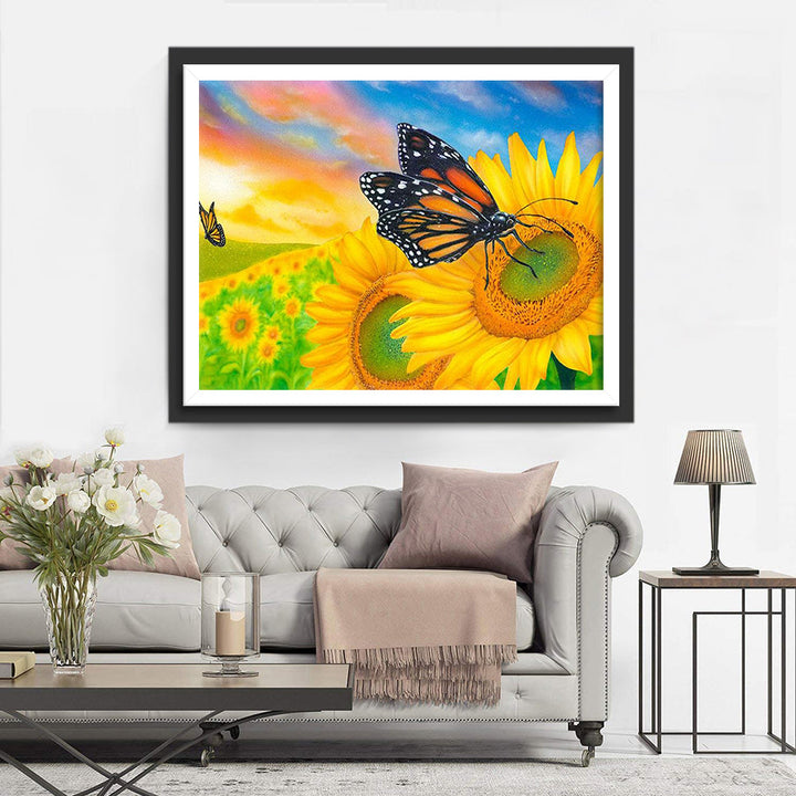 Zonnebloemenveld en Vlinders Diamond Painting