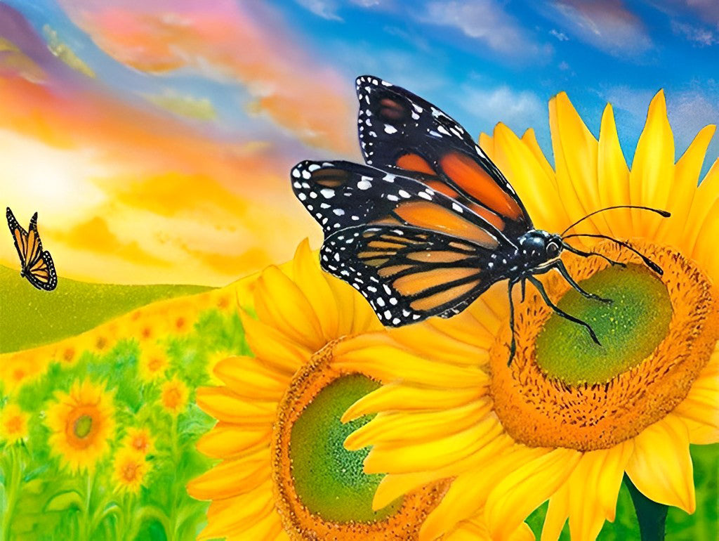Zonnebloemenveld en Vlinders Diamond Painting